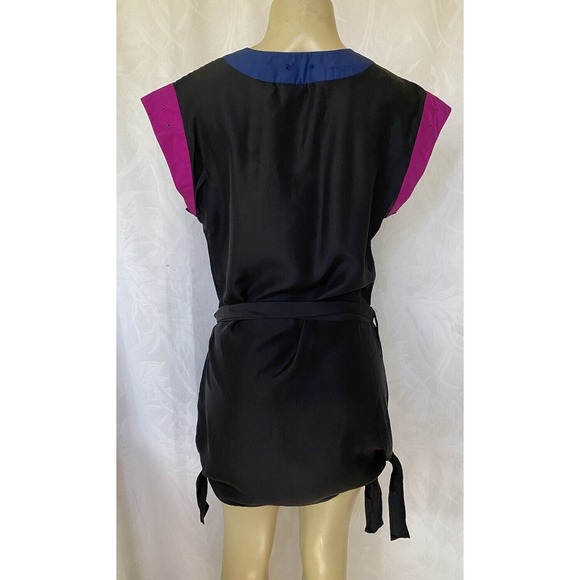 Kerrigan Silk Mini Dress Belted Color Block Cap Sleeve Black Magenta Poc… - Picture 4 of 6